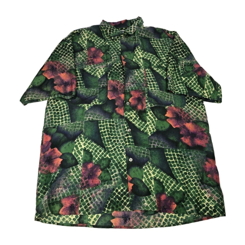 VTG 90s Silks Button Down Slik Shirt‎ Mens L Green Floral Alligator Style Read